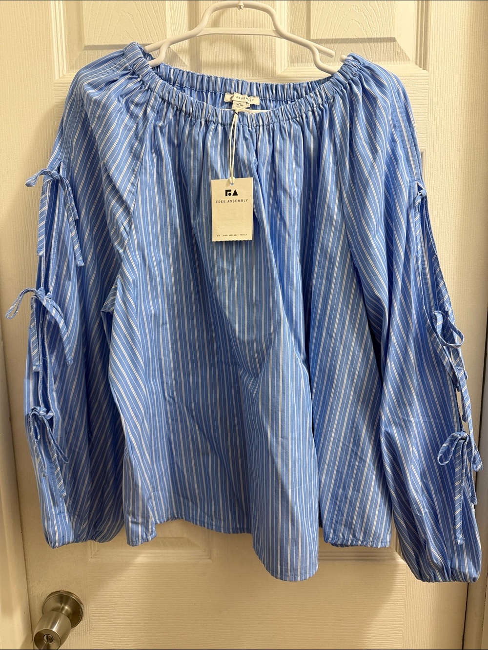 Lace Assembly Blue Stripe Off-Shoulder Tie-Sleeve Women's Top